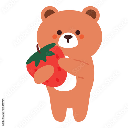 cute hand drawing cartoon bear holding a strawberry. cute animal doodle sticker