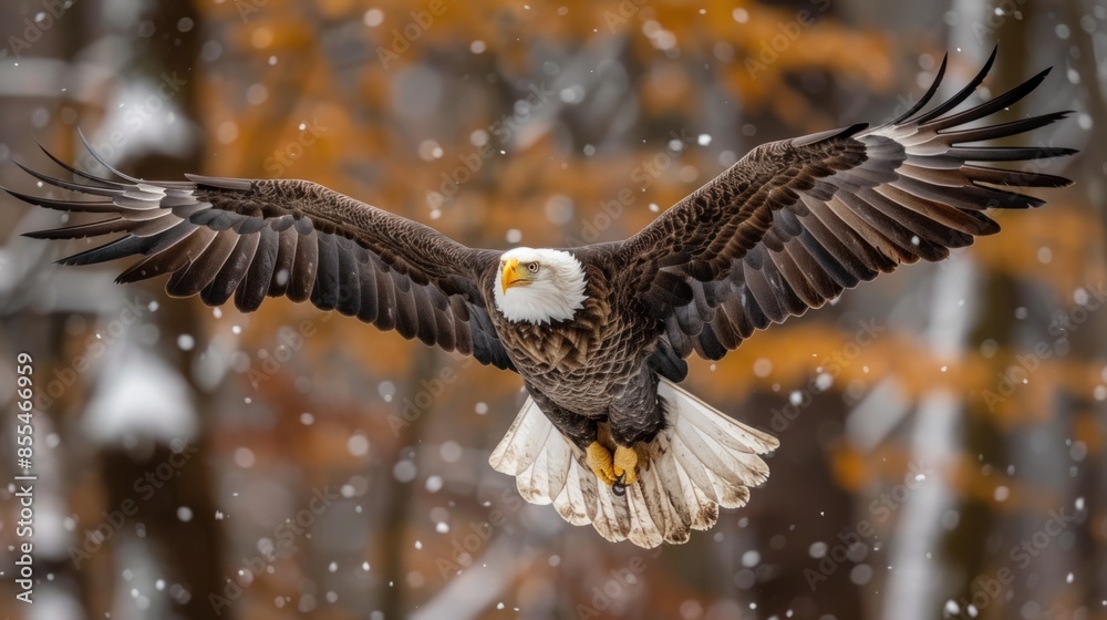 Fototapeta premium Bald Eagle in Flight Through a Snowy Forest