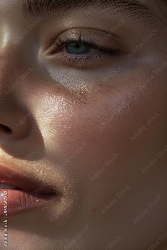 Naklejka premium Detailed Close-Up of a Young Woman in Her 20s with Glowing, Healthy Skin, Without Makeup