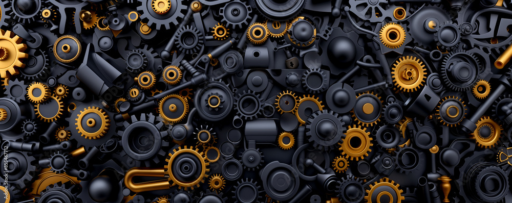 A black and gold image of gears and other mechanical parts. The image is a collage of various gears and other mechanical parts, with some of them being larger than others A black and gold image of gears and other mechanical parts. The image is a collage of various gears and other mechanical parts, with some of them being larger than others