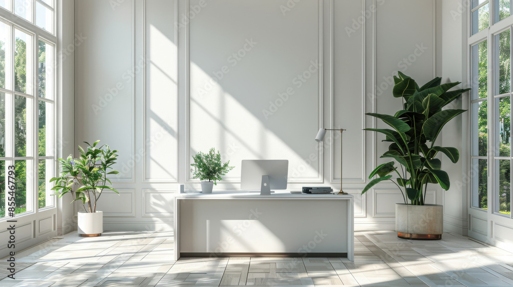 Fototapeta premium A large, clean, and empty office with a desk and a potted plant