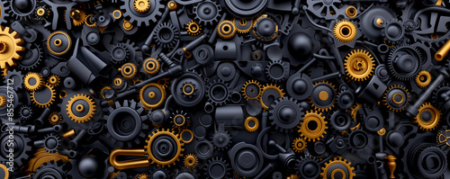 A black and gold image of gears and other mechanical parts. The image is a collage of various gears and other mechanical parts, with some of them being larger than others photo