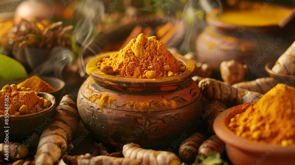 Fototapeta premium A culinary scene showing turmeric being used in cooking, with dishes like curry or golden milk being prepared