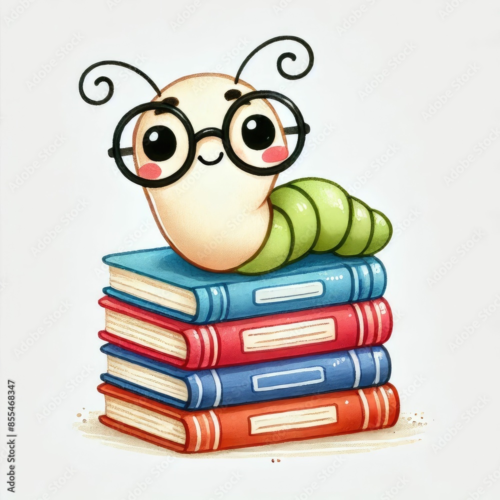 ภาพประกอบสต็อก Bookworm clipart with glasses and a stack of books ...