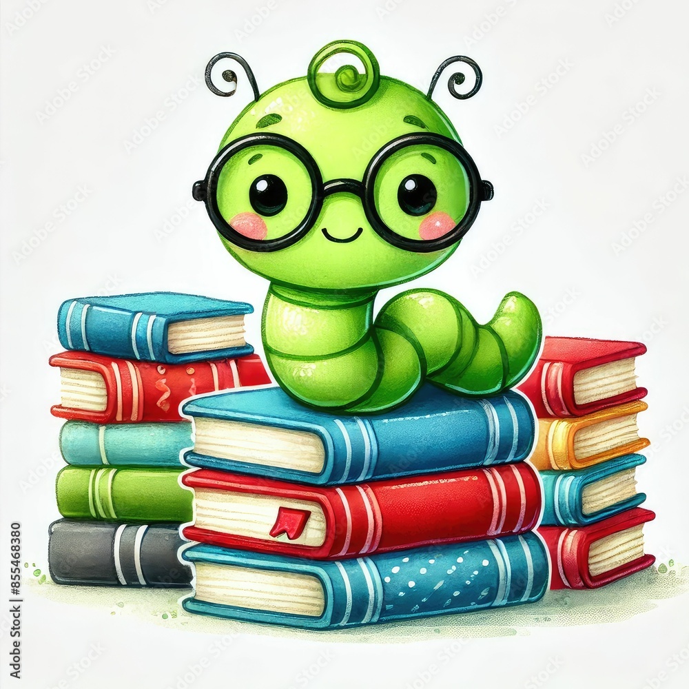 Bookworm clipart with glasses and a stack of books.. watercolor ...