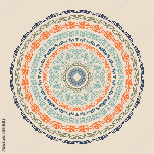 Vector round ethnic element, circular Kazakh national ornament, decorative design templates
