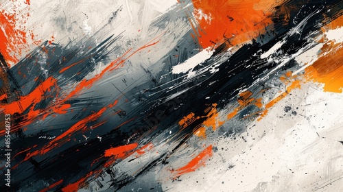 Abstract art with bold strokes of black, white, orange and grey paint. A dynamic and energetic design.