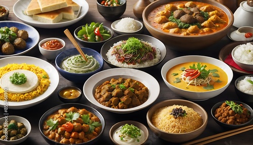 Render a delicious spread of international cuisine, showcasing diverse dishes from around the world.