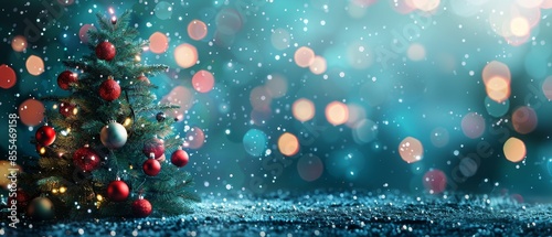 Christmas tree with lights and stars on dark background, blurred bokeh effect. Christmas concept.