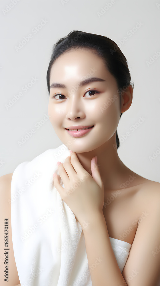 Closeup portrait of beauty asian woman with fair perfect healthy glow skin isolated on white, young beautiful asia girl with pretty smile on face. Beauty korean spa skincare banner, copy space Closeup portrait of beauty asian woman with fair perfect healthy glow skin isolated on white, young beautiful asia girl with pretty smile on face. Beauty korean spa skincare banner, copy space