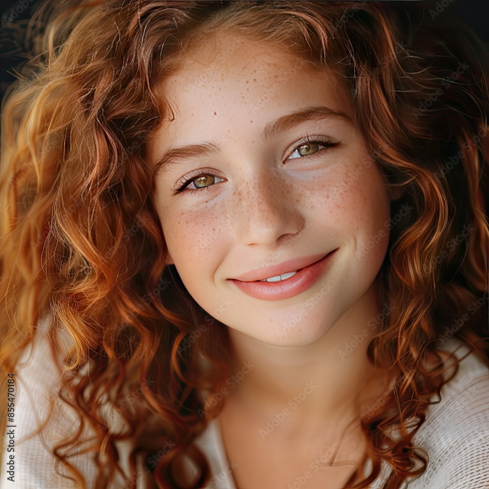 Teenage girl with radiant curly hair smiling warmly in a natural light studio portrait Teenage girl with radiant curly hair smiling warmly in a natural light studio portrait
