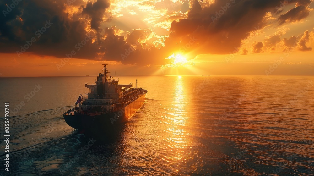 Majestic Dawn Voyage: Large Dry Cargo Ship Sailing Across Open Ocean Under Early Morning Skies Majestic Dawn Voyage: Large Dry Cargo Ship Sailing Across Open Ocean Under Early Morning Skies