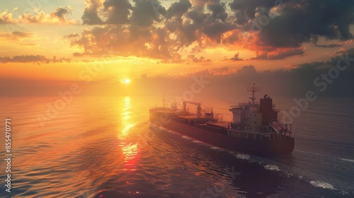 Majestic Dawn Voyage: Large Dry Cargo Ship Sailing Across Open Ocean Under Early Morning Skies © nicole