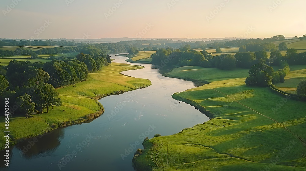 Fototapeta premium Drone perspective over a tranquil rural landscape with gently rolling hills, scattered farmhouses, and a meandering river. Minimalist and realistic, emphasizing the natural beauty