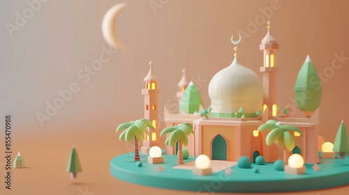 simple lowpolly cute 3d of islamic background, minimal color, isometric 3d, 3d icon matte clay render, blender 3d rendering, lowpoly style, aid fitr, ramadhan, aid adha, islamic new years