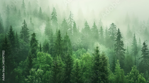 A dense forest shrouded in mist landscape