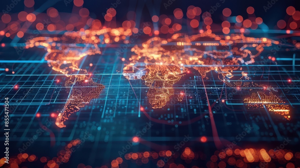 A computer generated image of the world with a blue background and red