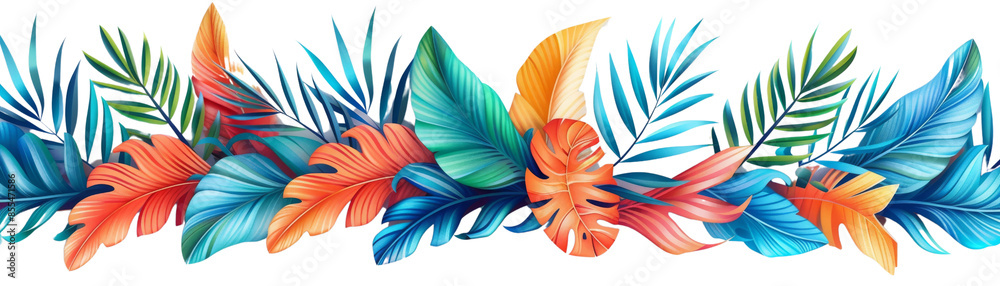 Vibrant tropical leaves in blue, green, and orange. Vibrant tropical leaves in blue, green, and orange.