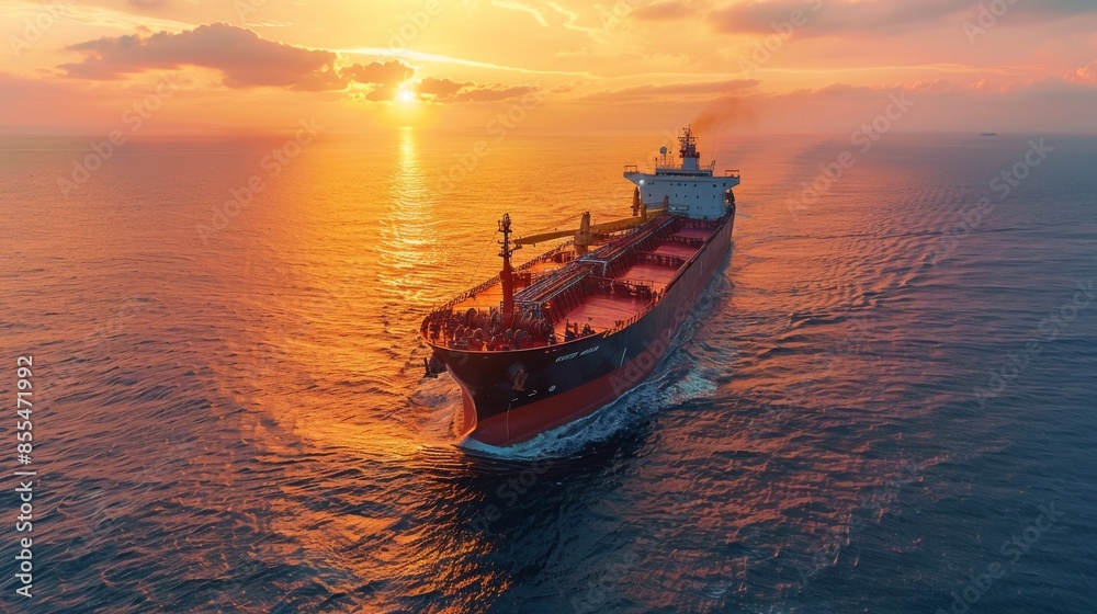 Majestic Dawn Voyage: Large Dry Cargo Ship Sailing Across Open Ocean Under Early Morning Skies Majestic Dawn Voyage: Large Dry Cargo Ship Sailing Across Open Ocean Under Early Morning Skies