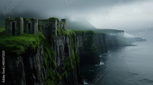 Dramatic cliffside castle ruins in a misty landscape