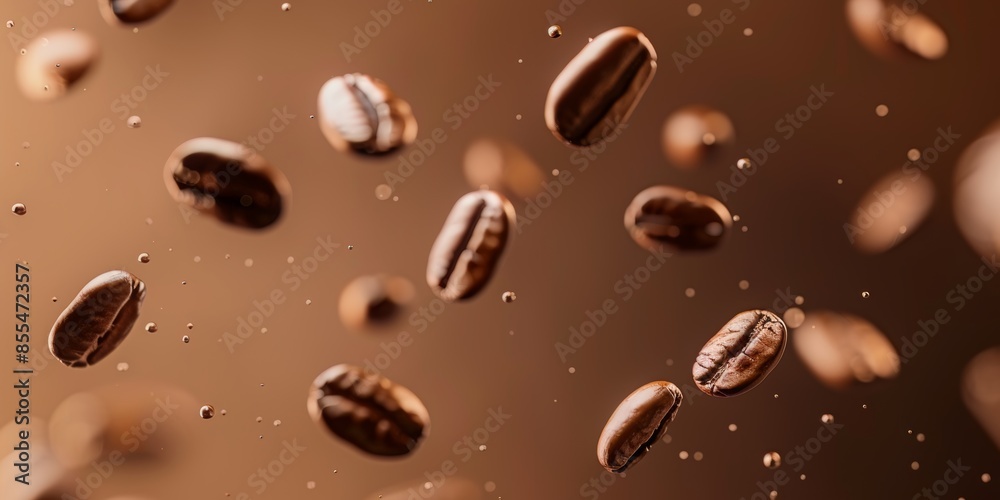 Floating coffee beans in mid-air with a brown background. Coffee and food photography concept Floating coffee beans in mid-air with a brown background. Coffee and food photography concept