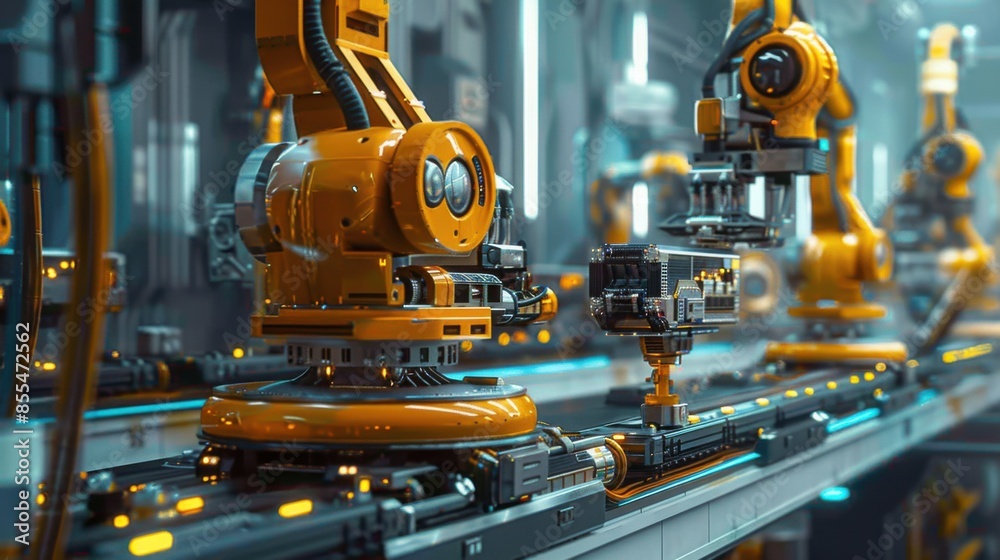 A factory with robots working on a conveyor belt A factory with robots working on a conveyor belt