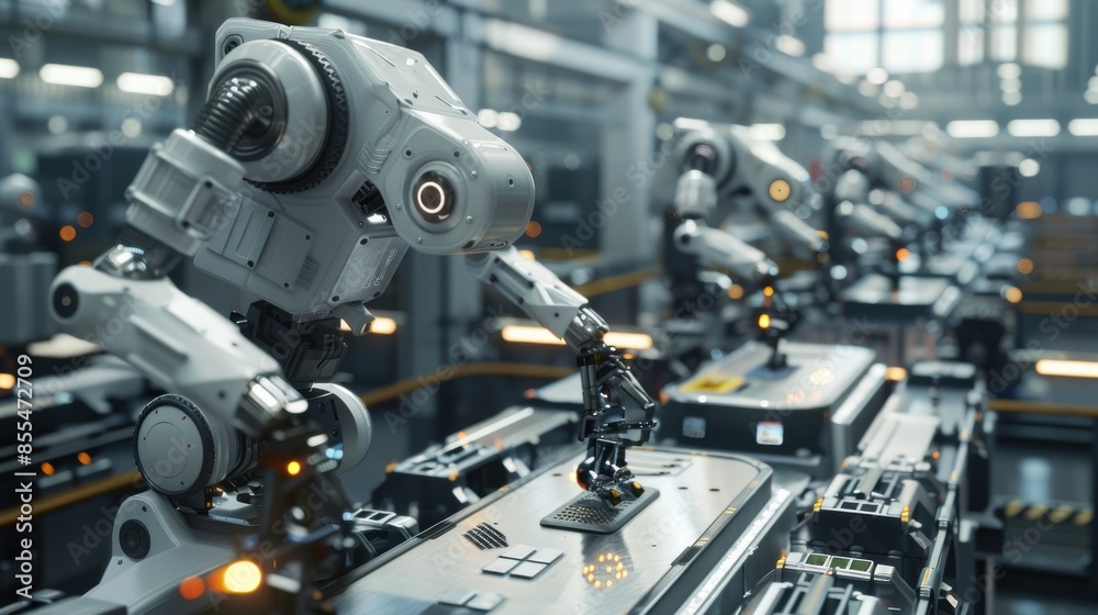 A robot is working on a machine in a factory A robot is working on a machine in a factory
