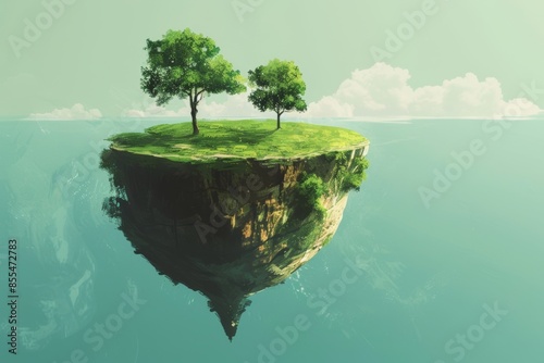 Surreal floating island with lush green trees under a clear blue sky, perfect for fantasy and dream themes.

 photo