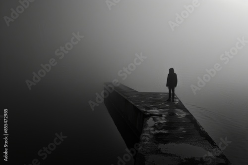 A solitary figure stands on a foggy, dilapidated pier leading into oblivion, embodying themes of solitude and uncertainty.


