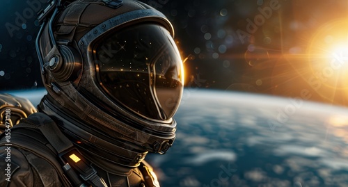 astronaut in space suit floating above earth