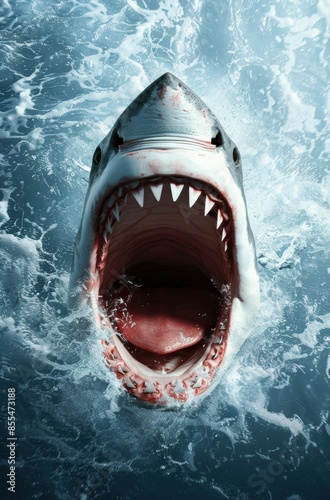 Fearsome shark with open jaws emerging from the ocean