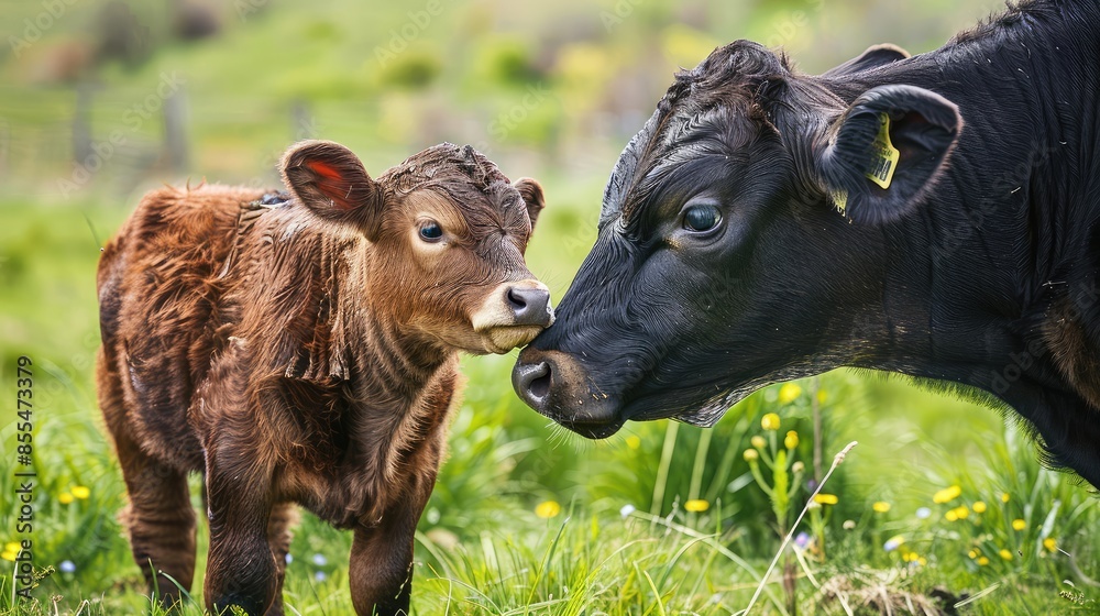 Calf and cow on the green meadow, Scotland, UK Calf and cow on the green meadow, Scotland, UK