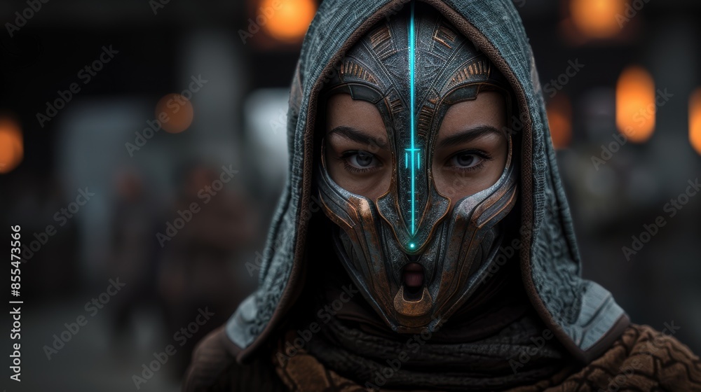 Mysterious hooded figure with futuristic mask Mysterious hooded figure with futuristic mask