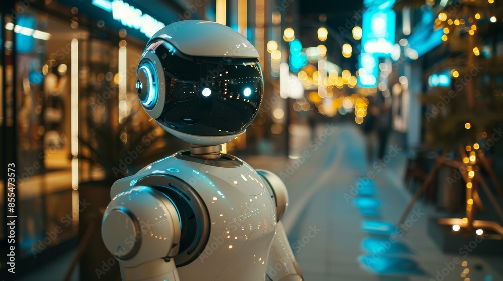 Futuristic Customer Service: AI-Powered Humanoid with Friendly Expression in a Modern Retail Environment Enhancing Consumer Experience Futuristic Customer Service: AI-Powered Humanoid with Friendly Expression in a Modern Retail Environment Enhancing Consumer Experience