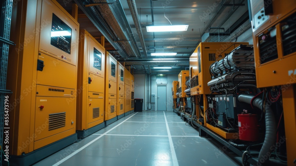 A large room with many orange electrical boxes A large room with many orange electrical boxes