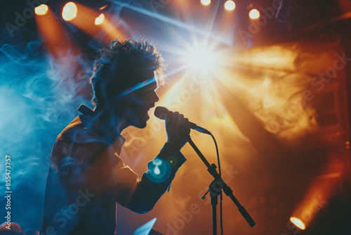 A man is singing into a microphone on stage in front of a crowd. The stage is lit up with bright lights and there is a foggy atmosphere