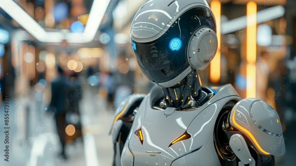 Futuristic Customer Service: AI-Powered Humanoid with Friendly Expression in a Modern Retail Environment Enhancing Consumer Experience Futuristic Customer Service: AI-Powered Humanoid with Friendly Expression in a Modern Retail Environment Enhancing Consumer Experience