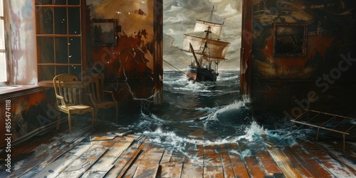 3D painting of a galleon on canvas,