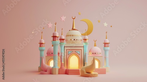 3D illustration lowpolly wallpaper for Islamic mosques, cute shapes, pastel colors, for Ramadan theme banners. Eid Fitr, Islamic New Year, Eid al-Adha, HD, 16K, 