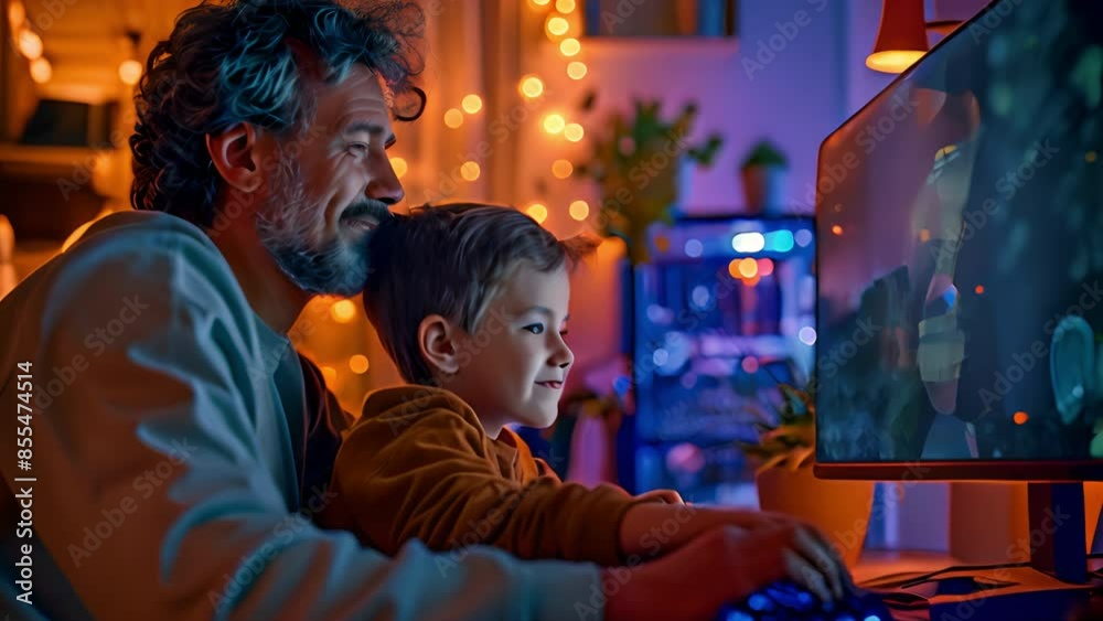 A joyful father who enjoys playing video games on the internet with his child