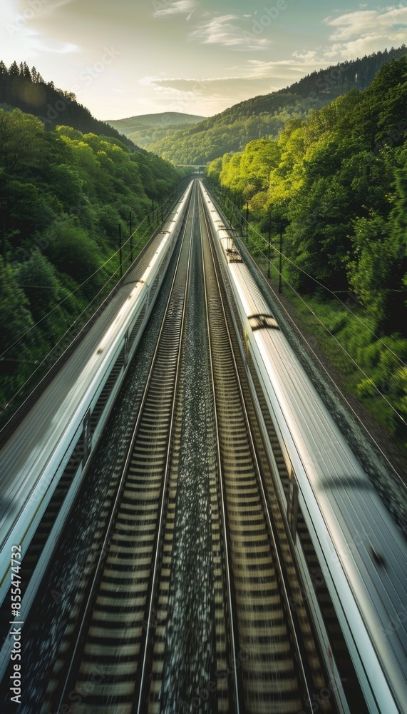 Highspeed train, speeding along tracks, through a lush countryside focus on, efficient travel, dynamic, double exposure, countryside backdrop Highspeed train, speeding along tracks, through a lush countryside focus on, efficient travel, dynamic, double exposure, countryside backdrop