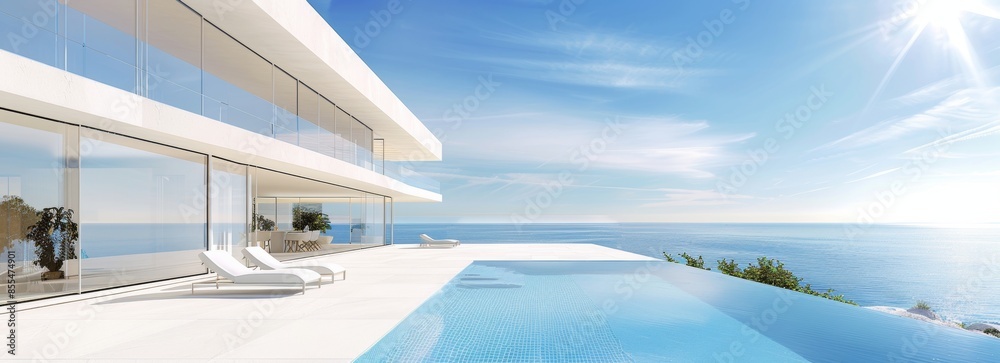 Fototapeta premium A white modern mansion with large windows and a swimming pool on the beach