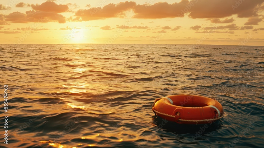 sunset survival orange lifebuoy floating at sea wide horizontal banner sunset survival orange lifebuoy floating at sea wide horizontal banner