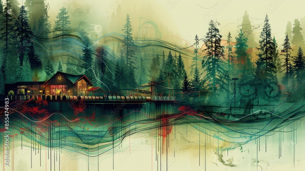 Obraz premium An illustration of a peaceful vineyard estate, with grapevines and wine barrels, on canvas with rich colors, an agricultural map overlay, in a perspective view,
