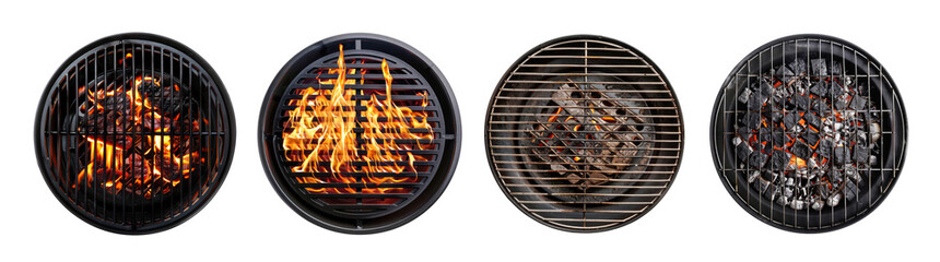 Empty round grills with a fire and coal isolated on transparent background