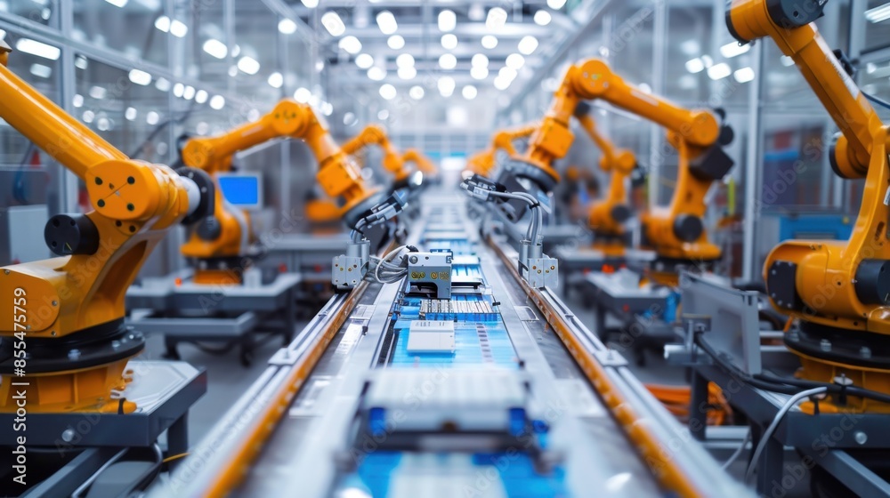 A factory with robots on a conveyor belt A factory with robots on a conveyor belt