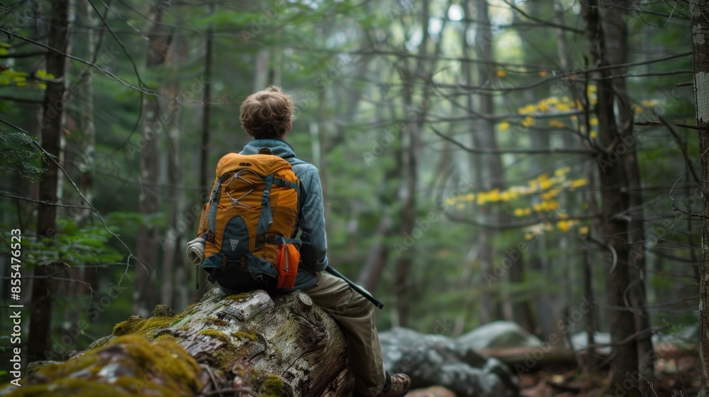 A person is sitting on a log in a forest A person is sitting on a log in a forest