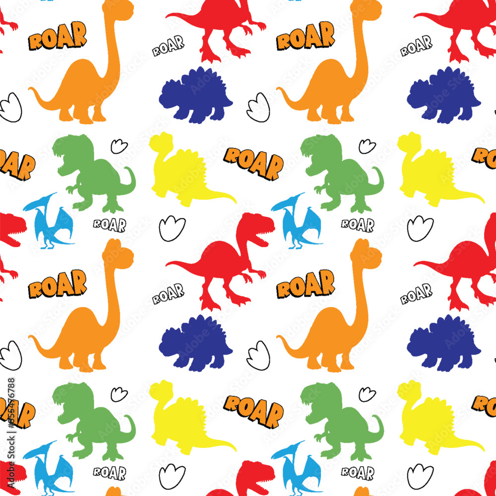 Obraz premium Bright dinosaurs with playful 'roar' text