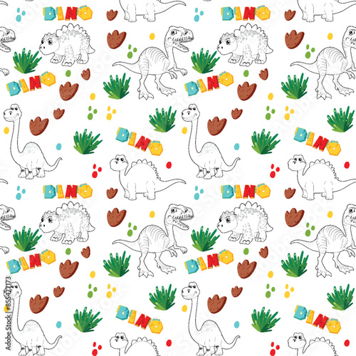 Playful dinosaur design with plants and footprints