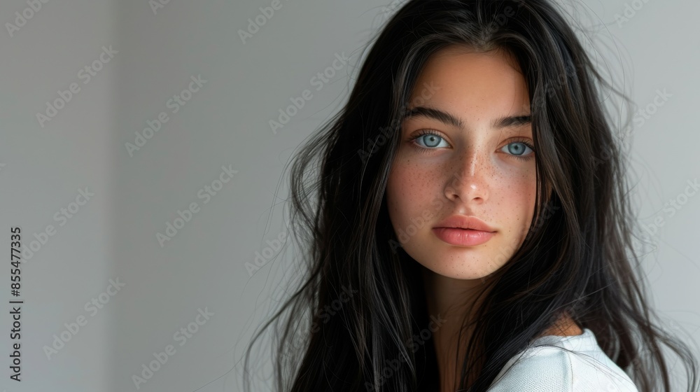 Stunning Portrait of a Young Woman: 20-Year-Old Model with Shiny Long Black Hair and Blue Eyes Stunning Portrait of a Young Woman: 20-Year-Old Model with Shiny Long Black Hair and Blue Eyes